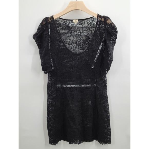 Aritzia Wilfred‎ Black Lace Dress w Ruched Sleeves Medium Coverup Scalloped Hem - Picture 1 of 5